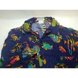OTC Mens Button Up Hawaiian Shirt Short Sleeve Large‎ Rayon Fish